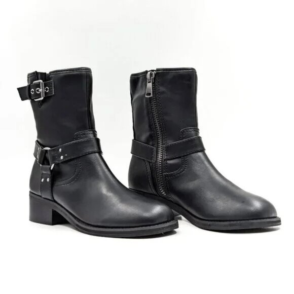 NEW‎ | Open Edit Nordstrom Rylan Black Harness Buckle Moto Combat Boot Faux 8 - Picture 1 of 10